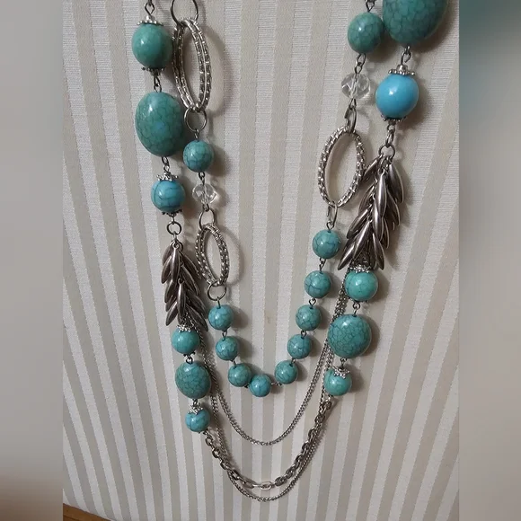 Faux Turquoise Silver Multi layer necklace New with Tags - Picture 2 of 6